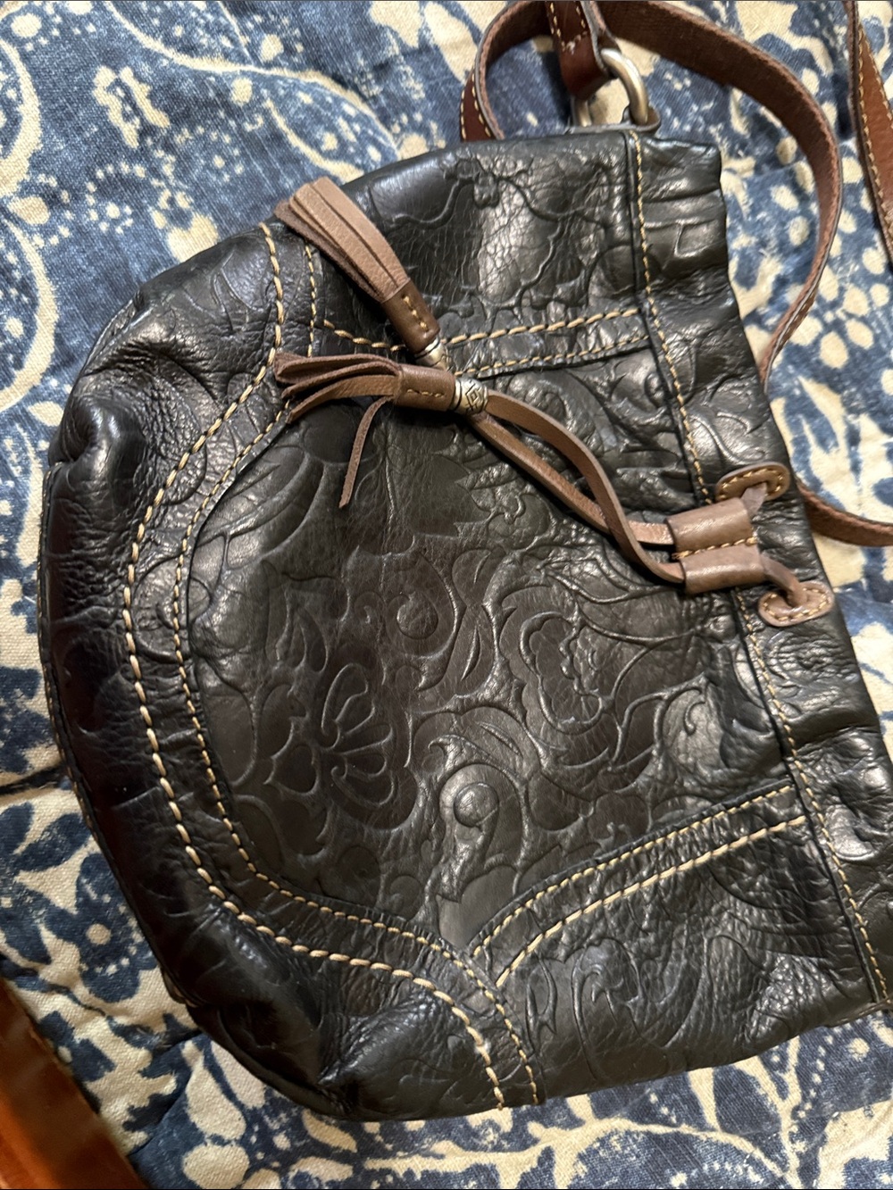 Fossil Black Leather Embossed Crossbody Bag